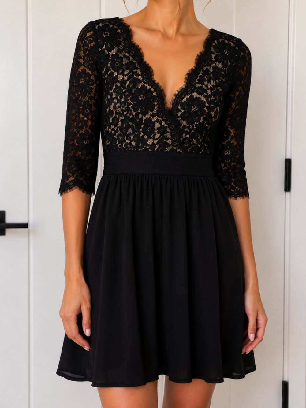Eliza J Black Lace V-Neck Fit & Flare Cocktail Dress Size 10